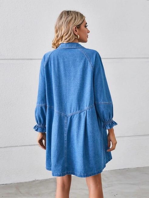 'Zola' Button Up Flounce Sleeve Mini Denim Dress - Celes Fashion